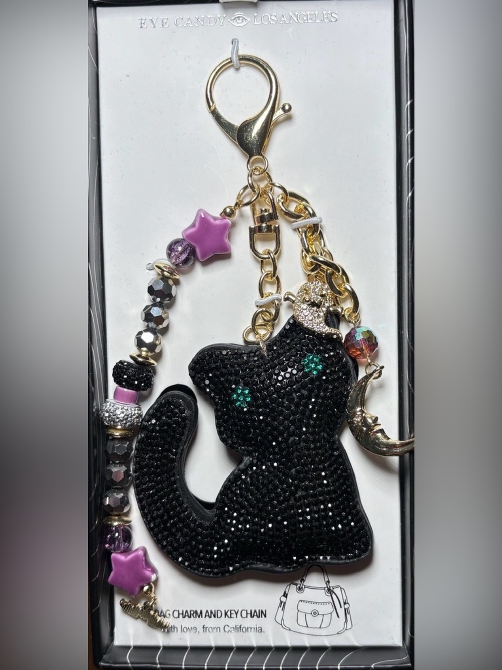 Eyecandy Black Rhinestone Cat Keychain with Charms